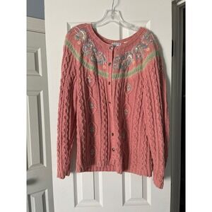 Vtg Westbound Pink Cable Knit Embroidered Floral Hand Knit Cardigan Sweater Lg